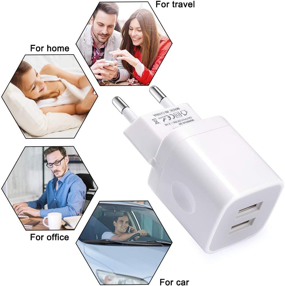 2-Pack European USB Wall Charger Dual Port Block