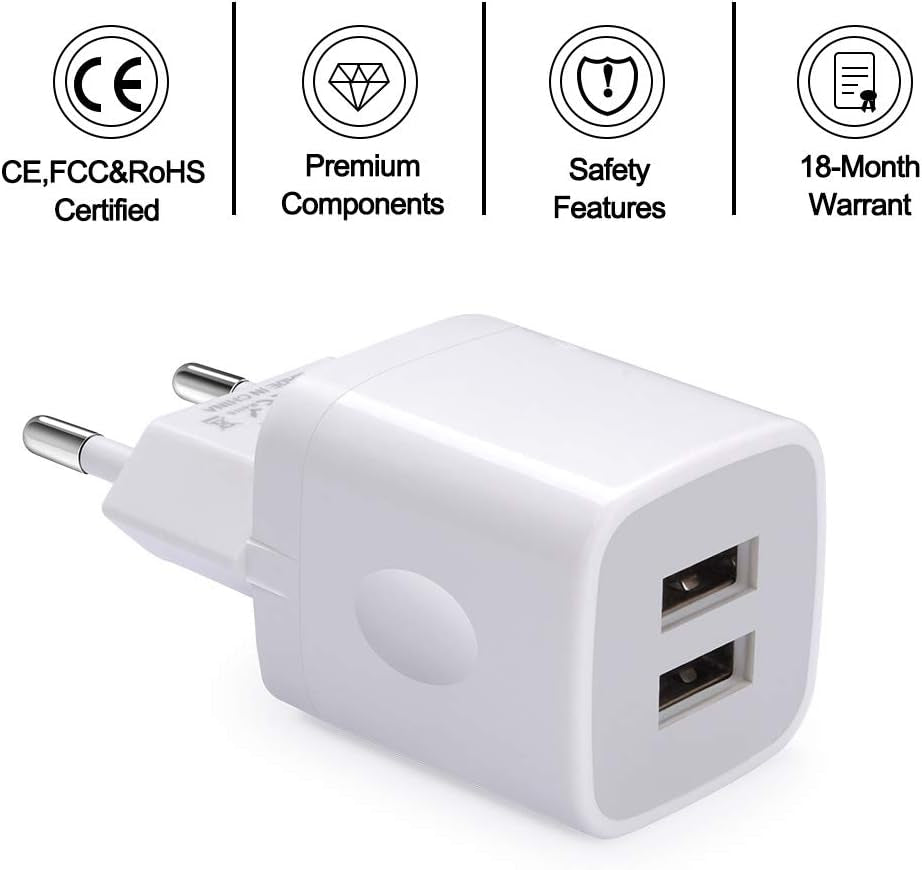 2-Pack European USB Wall Charger Dual Port Block