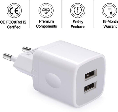 2-Pack European USB Wall Charger Dual Port Block