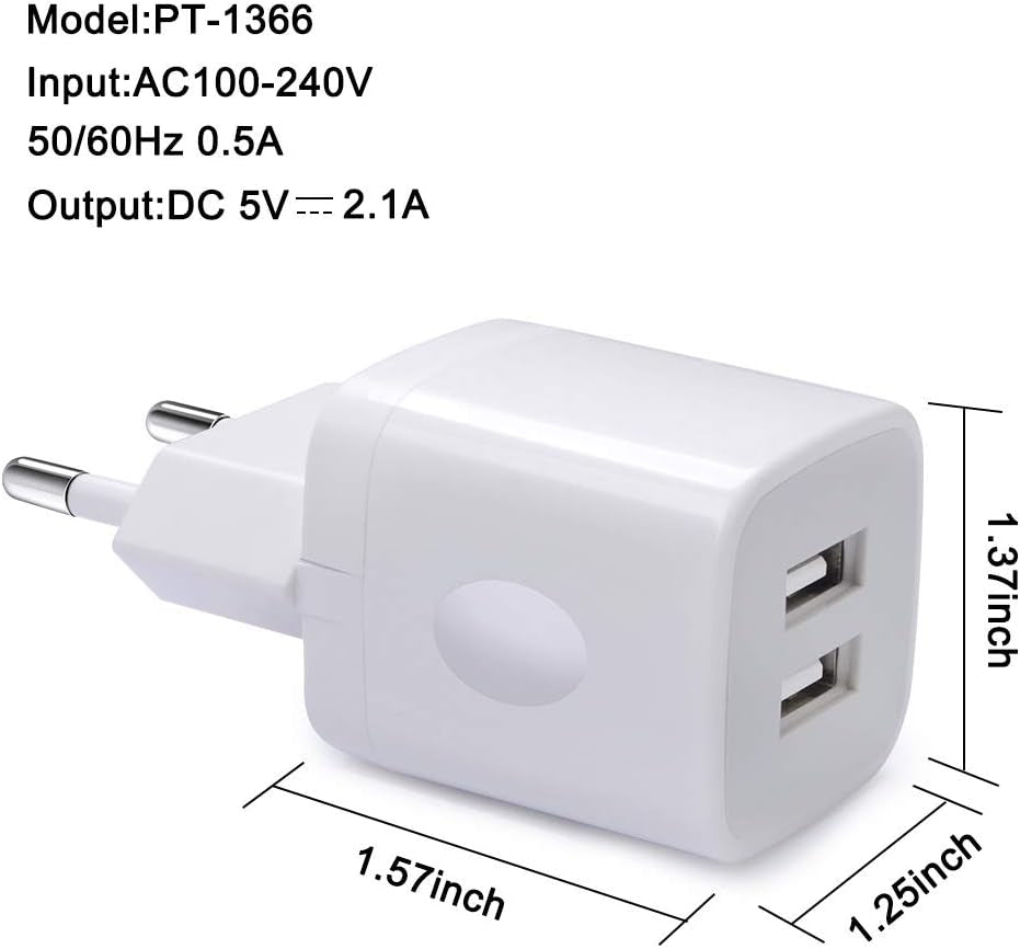 2-Pack European USB Wall Charger Dual Port Block
